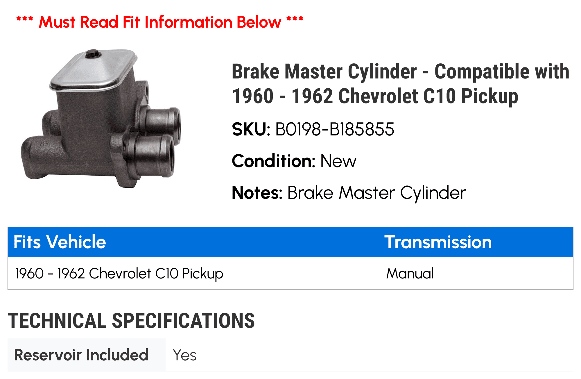 Brake Master Cylinder - Compatible with 1960 - 1962 Chevrolet C10 Pickup - Dynamic Friction