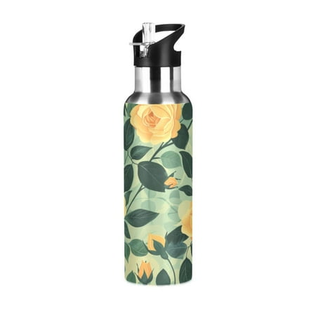 

ALAZA Roses and Leaves Water Bottle Insulated Flask Stainless Steel Straw Lid 20 oz