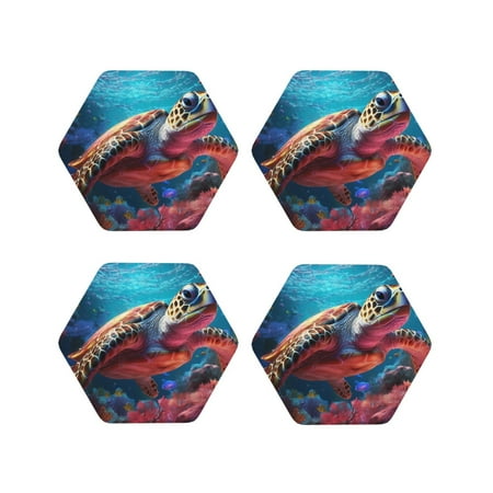 

Fuzoiu Colorful Ocean Sea Turtle Print Leather Coasters Set Drink Coasters Set of 4 for Tabletop Protection Durable PVC Coasters Home Décor and Housewarming Gift-Hexagon