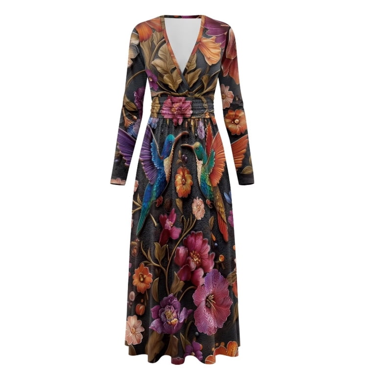 print dress long sleeve AWARE maxi shirt in green floral the fitted waist and flared bottom part of the dress will accentuate the wearers naturally beautiful silhouette FARM Rio Floral Off the
