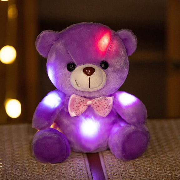 Glowing Color Changing Bear Plush, LED Light Up Stuffed Animal with Ribbon Bow Tie, Soft Polyester Night Light Toy, Sensory Comfort Companion, Birthday Gift for Boys Girls Kids Adults