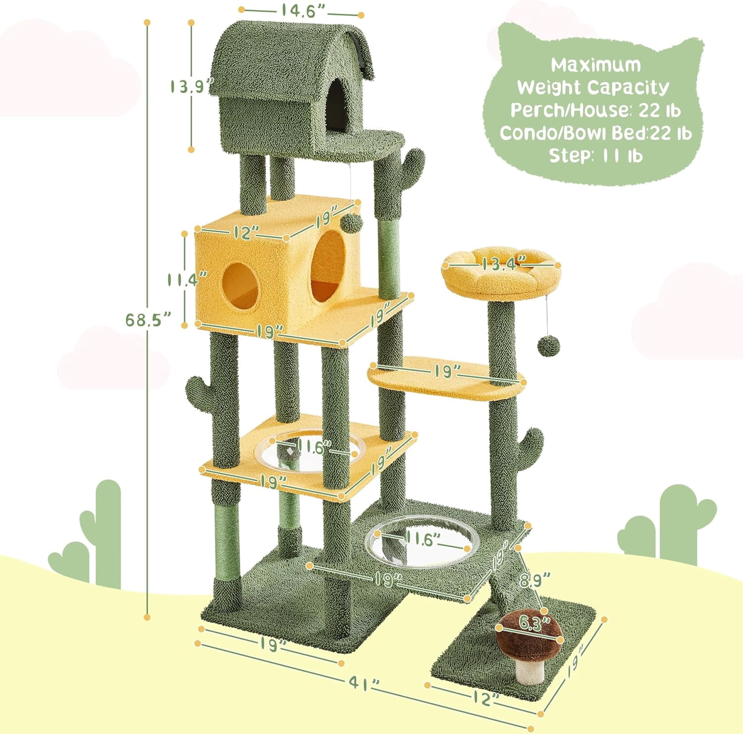 WSWJY 68.5in Tall Cactus Cat Tree, Multi-Level Tower with 2 Large Condos, Scratching Posts, 2 Acrylic Clear Bowls, Mushroom Perch & Dangling Balls