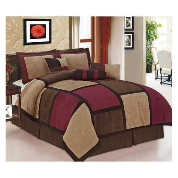 7-Piece Burgundy Brown Beige Micro Suede Patchwork Comforter Set Machine Washable Full Size, Bed-in-a Bag