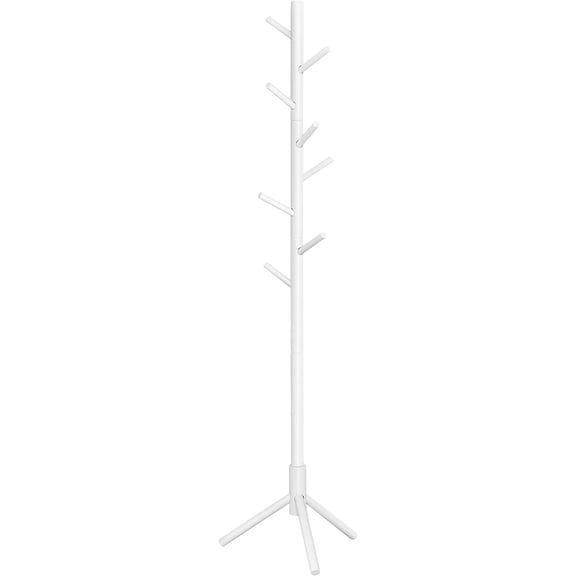 VASAGLE Perchero, Perchero de Madera Maciza, Perchero de Pie con 8 Ganchos para Abrigos, Sombreros, Bolsos, para Entrada, Pasillo, Madera de Caucho, Blanco