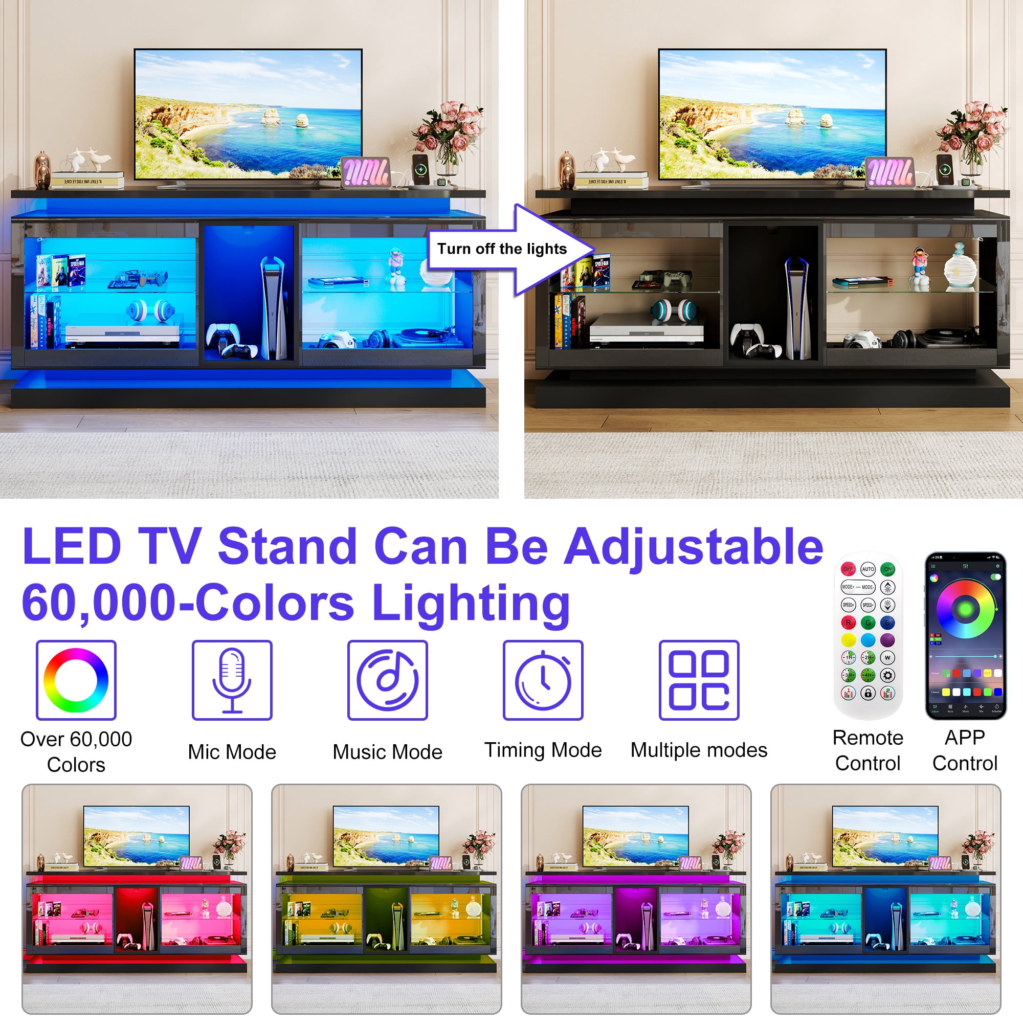 ChVans LED TV Stand for 70/75/80 Inch TVs, Modern Entertainment Center High Gloss Large TV Stand with Adjustable Shelves, Gaming TV Console with Power Outlets, Black