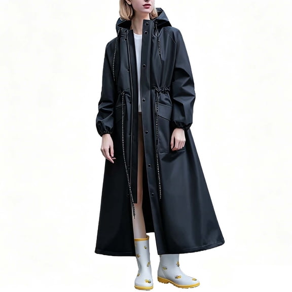 UTSJKR Women’s Adjustable Waist Drawstring Long Hooded Raincoat with Multi Pockets Lightweight Waterproof Outerwear for Travel Daily Rainy Days Black M