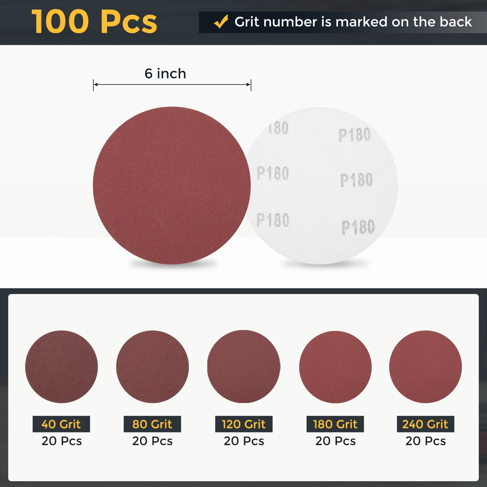 100 Pcs 6 Inch Sanding Disc 40/80/120/180/240 Grit Hook and Loop Sandpaper Random Orbital Sander Pads for Woodworking Automotive