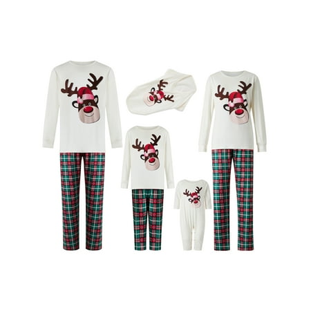 

SHIBAOZI Family Christmas Pajamas Matching Sets Adult Kids Elk Print Long Sleeve Tops and Stretch Casual Plaid Pants Sleepwear