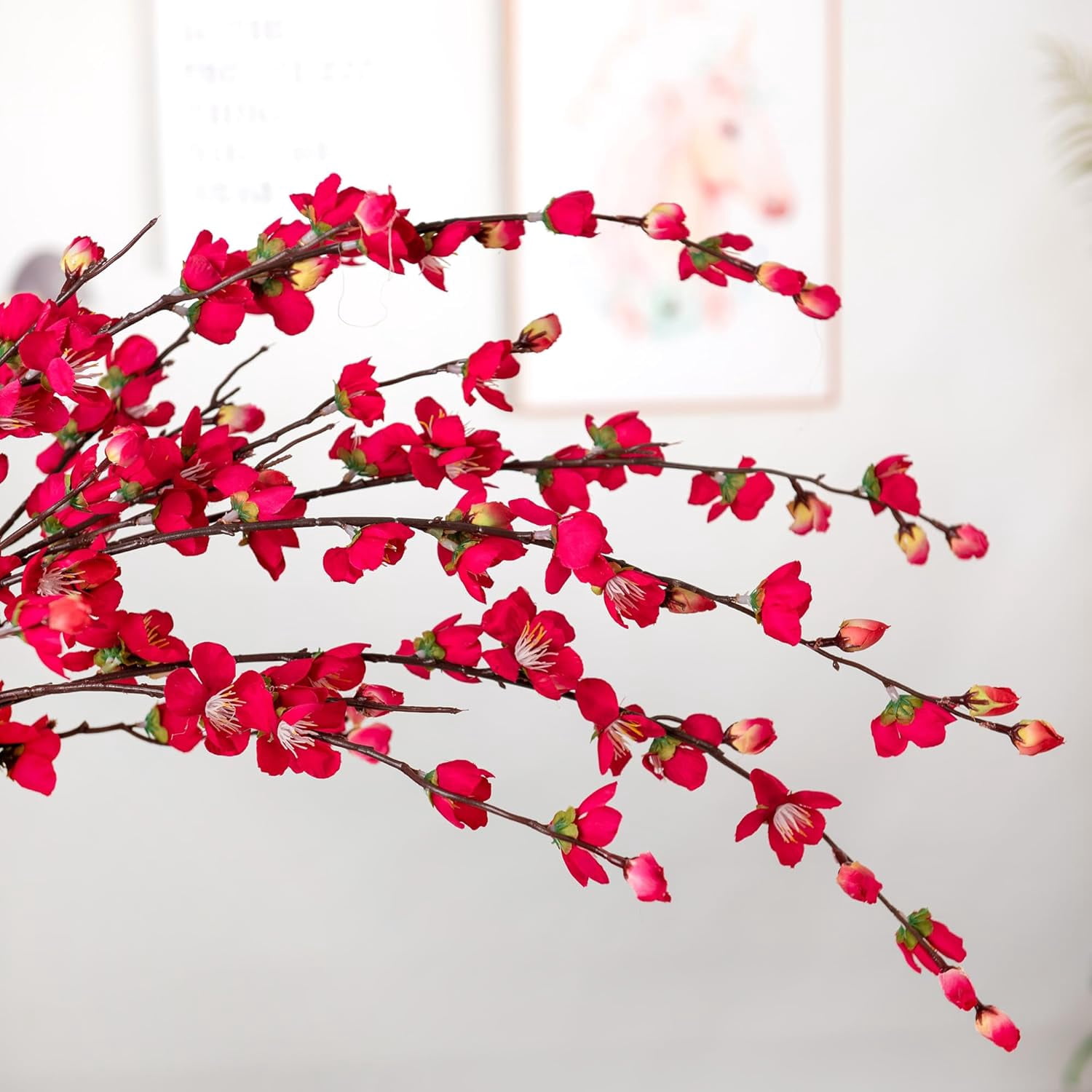 Artificial Faux Plants Flowers Indoor Spring Decor，4 Bundles Fake Silk Plum Blossom,Faux Silk Cherry Blossom Branches for Wedding Office Party Hotel Home Decor，Vase Not Included(White)