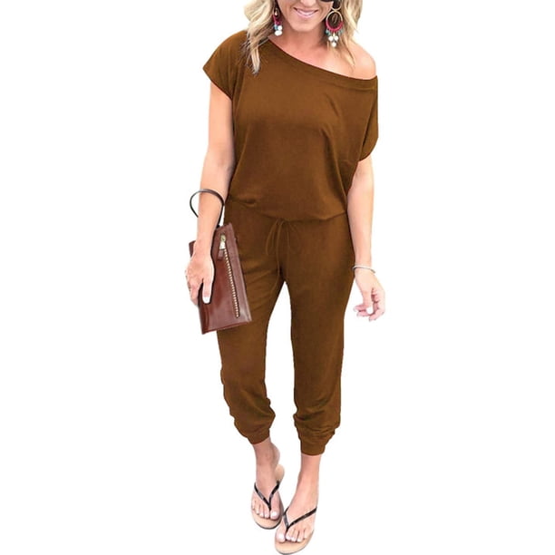 Mono Enterizo PRETTYGARDEN con Hombros Descubiertos Marrón Claro XL