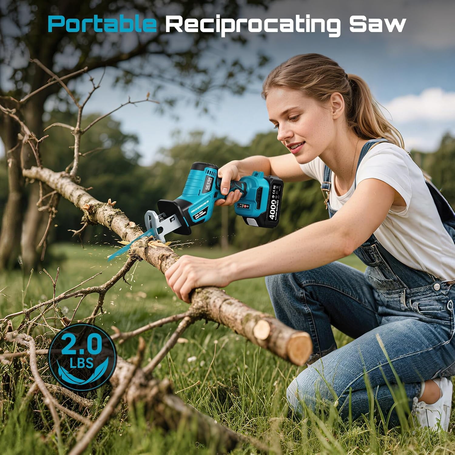 Reciprocating Saw Cordless, Variable Speed 3500 RPM Brushless Motor with 6 Saw Blades, 2 x 4.0Ah Batteries, LED Light, Tool‑Free Blade Change, Portable for Wood PVC Cutting