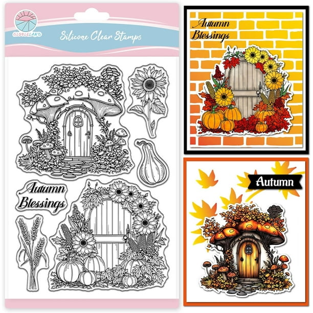 Sello transparente de silicona con diseño de puerta otoñal para scrapbooking, Acción de Gracias, girasol y calabaza. Sello transparente con fondo de puertas.