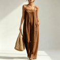thumbnail image 2 of Women's Linen-Blend Sleeveless Jumpsuit - Spaghetti Strap Wide Leg Romper with Pockets, Loose Fit Casual One-Piece for Spring & Summer Coffee M, 2 of 5