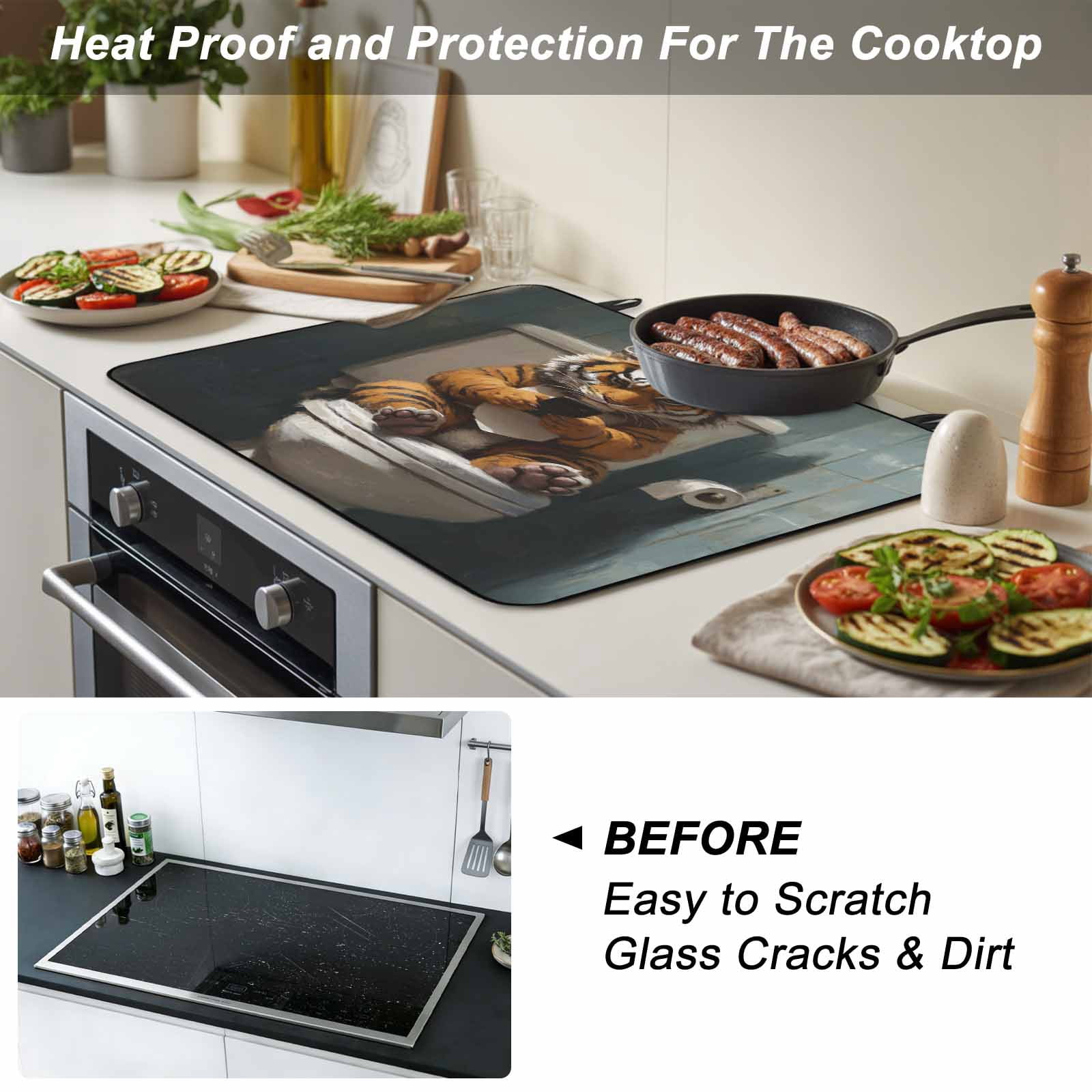 Bathroom Tiger Stove Top Cover for Electric Stove, Heat-proof & Non Slip Glass Top Stove Cover Protector, Toilet Animals Vintage Kitchen Flat Cooktop Rubber Mat 24x21 Inches