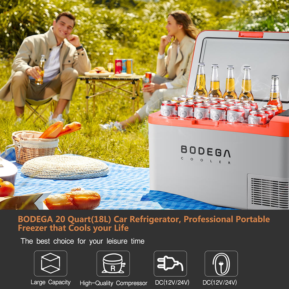 BODEGA 20 Qt. Portable Electric Car Cooler with Freezer Compressor - 18L RV Refrigerator for Camping and Traveling Use