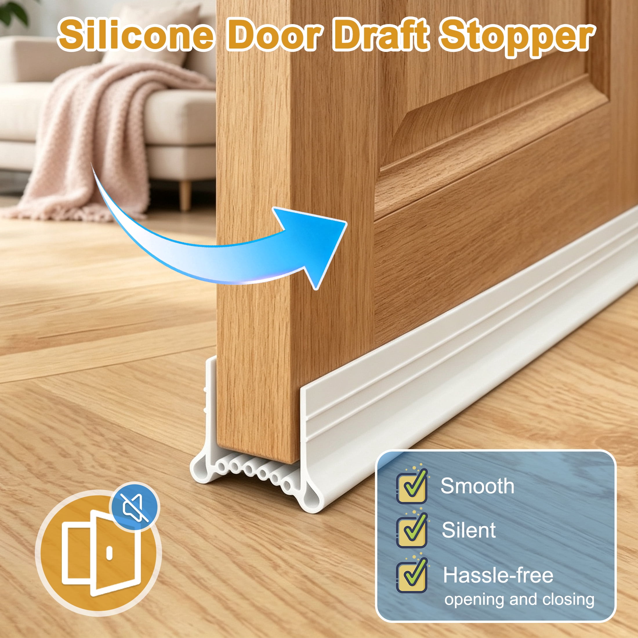 Silicone Door Bottom Seal, Under Door Draft Stopper, Weather Stripping Door Sweep, Noise Dust Bug Blocker, Weather Stripping Fit Door Thickness 1.35‑1.95 Inch