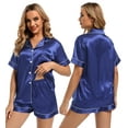 thumbnail image 3 of Finvizo Womens Silk Satin Pajamas Set Soft Short Sleeve Two-piece Pjs, Navy Blue L, 3 of 6