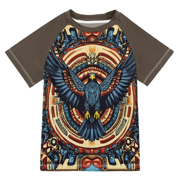 FORMRS Boys Rash Guard with Short Sleeves UPF 50  Swim Shirts Sizes 3-12T, Blue Geometric Eagle