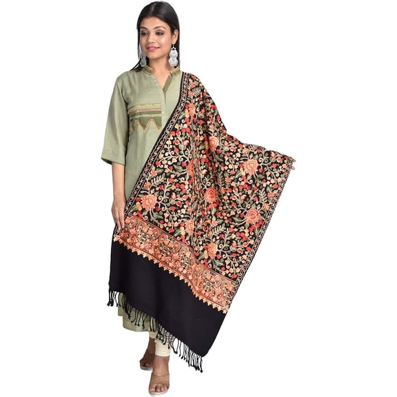 Kashmiri Stole / Shawl /Wrap for Women,Jaal Aari Embroidered Wool Design, (Size 30 X 80 Inches)