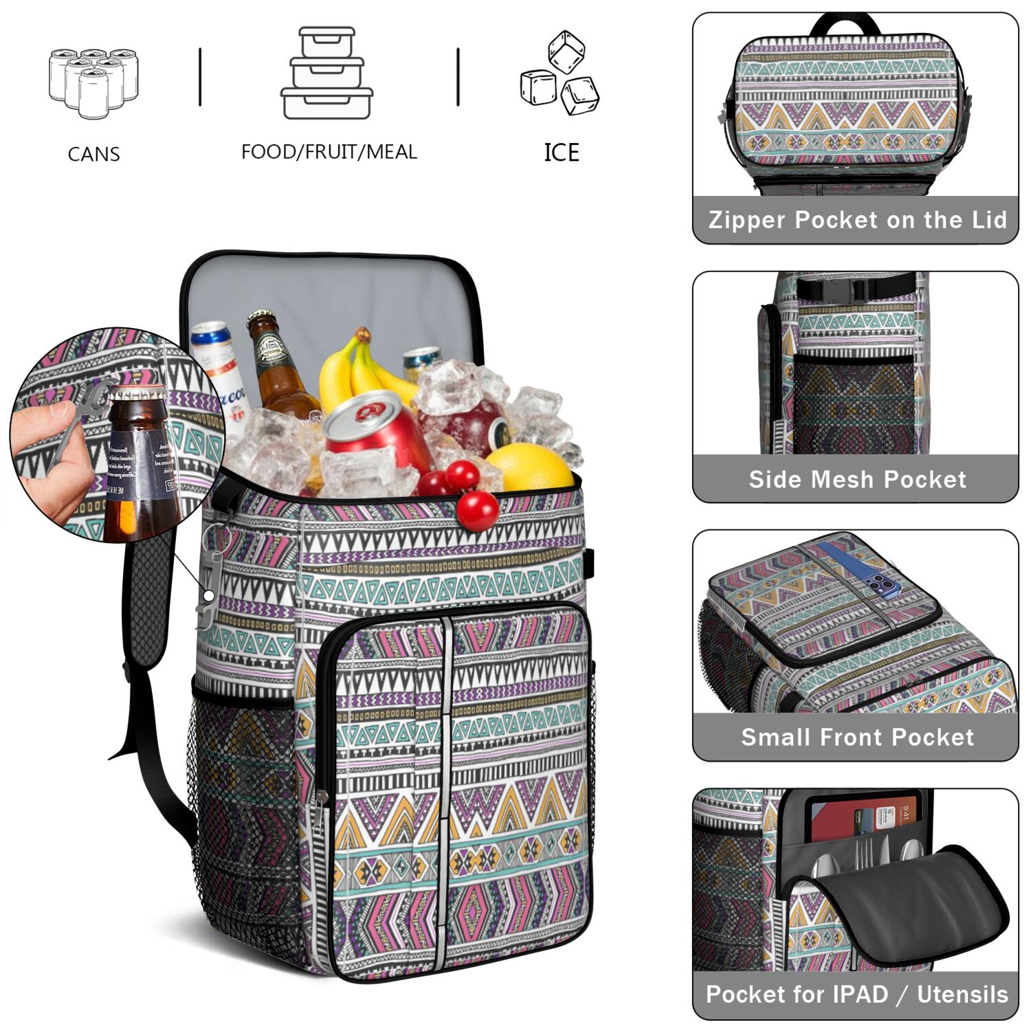 Travel Cooler Bag - Boho Bohemia Pioneer Flower Geometric Line Art Camping Beer Cooler Backpack with Bottle Opener- Waterproof Insulated Picnic Backpacks - Cooler Bag for Beach