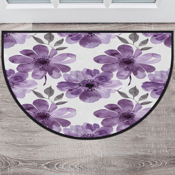 CURLYOOT Purple Floral Half Round Door Mat 40'' x 63'', Indoor Outdoor Entrance Rug, Semi Circular Area Rug, Non Slip Washable Absorbent Doormat, Watercolor Flower Leaves Wildflower Laundry Room Rug