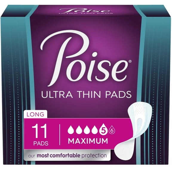 Poise Ultra Thin Incontinence/Bladder Control Pads, Maximum Absorbency, Long Length, 11 Count
