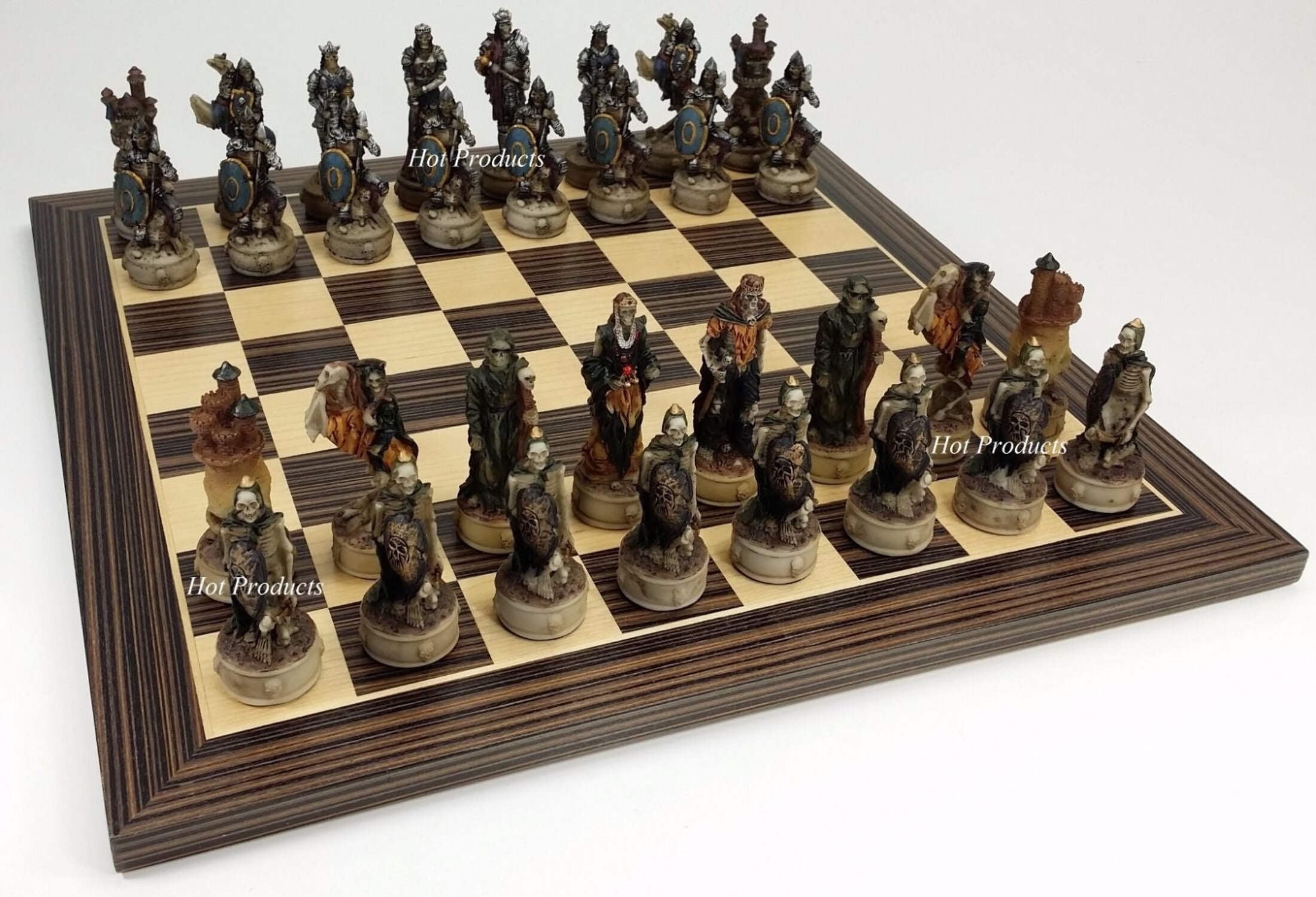 Skeleton Slayer Gothic Skull Chess Set W/ 14" Ebony  Maple Wood Board