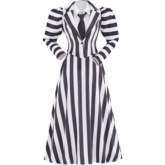 Victorian Edwardian Stripe Dress Womens Black White Beetle Dress Gothic Vintage Striped Jacket Dress Set