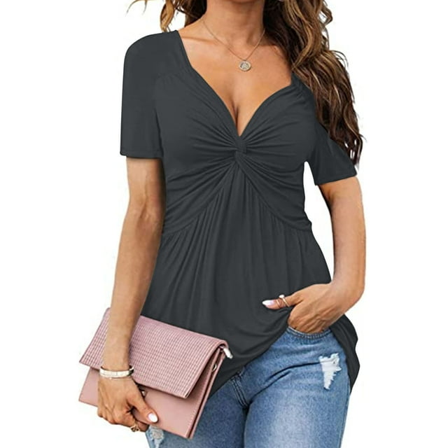 SwiftWear Womens Front Knotted Deep V-Neck Blouse T Shirt Short Sleeve Oversized Tunic Tops Summer Solid Pullover Tees 2025