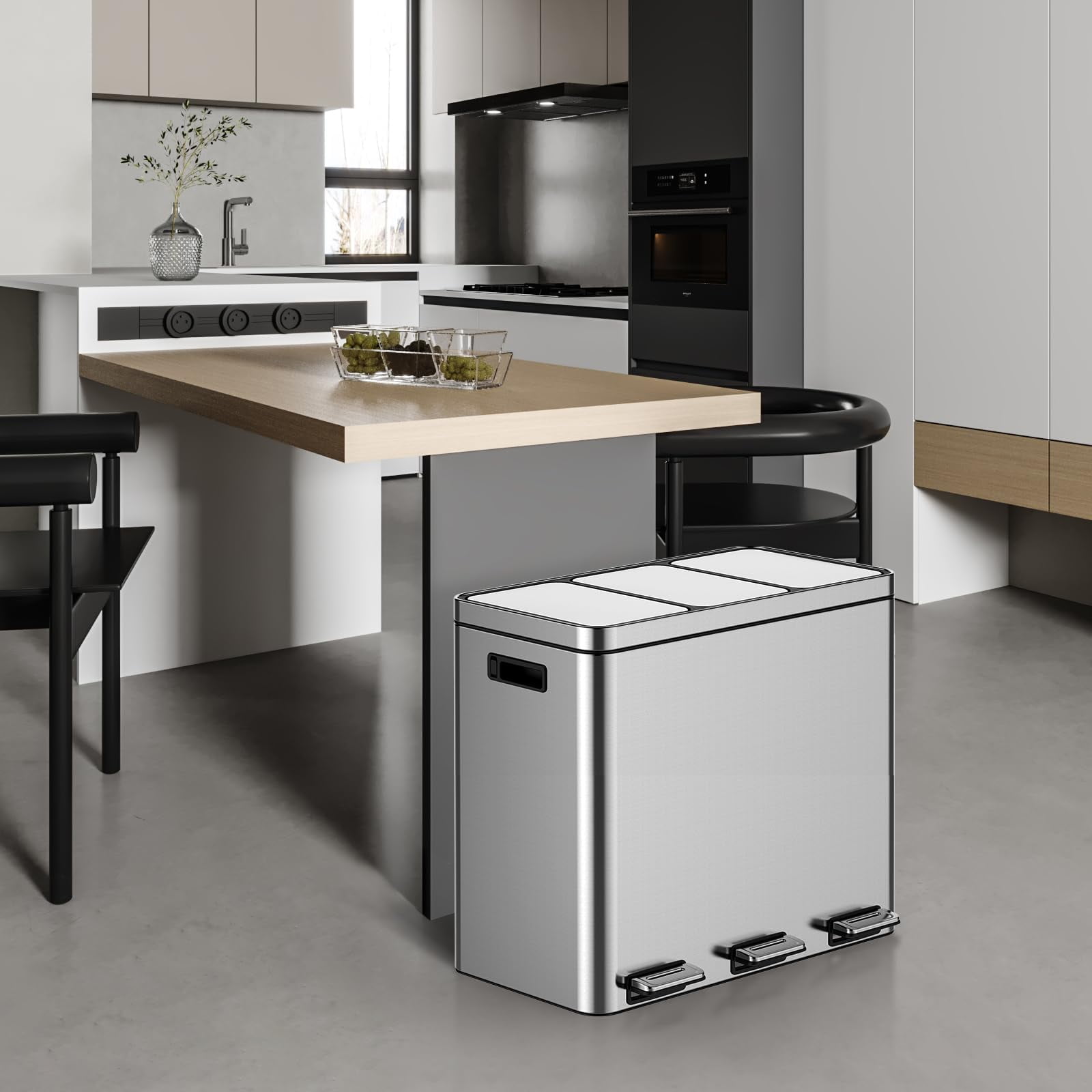 Dual Compartment Trash Can, Stainless Steel Kitchen Step Trash Can with Lids, Foot Pedals, Garbage and Recycle Bin Combo with Removable Buckets for Home Office