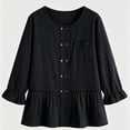thumbnail image 4 of Womens Cotton Linen Shirts Long Sleeve Button Down Crewneck Ruffled Blouses Trendy Casual Loose Cute Comfy Tops, 4 of 5