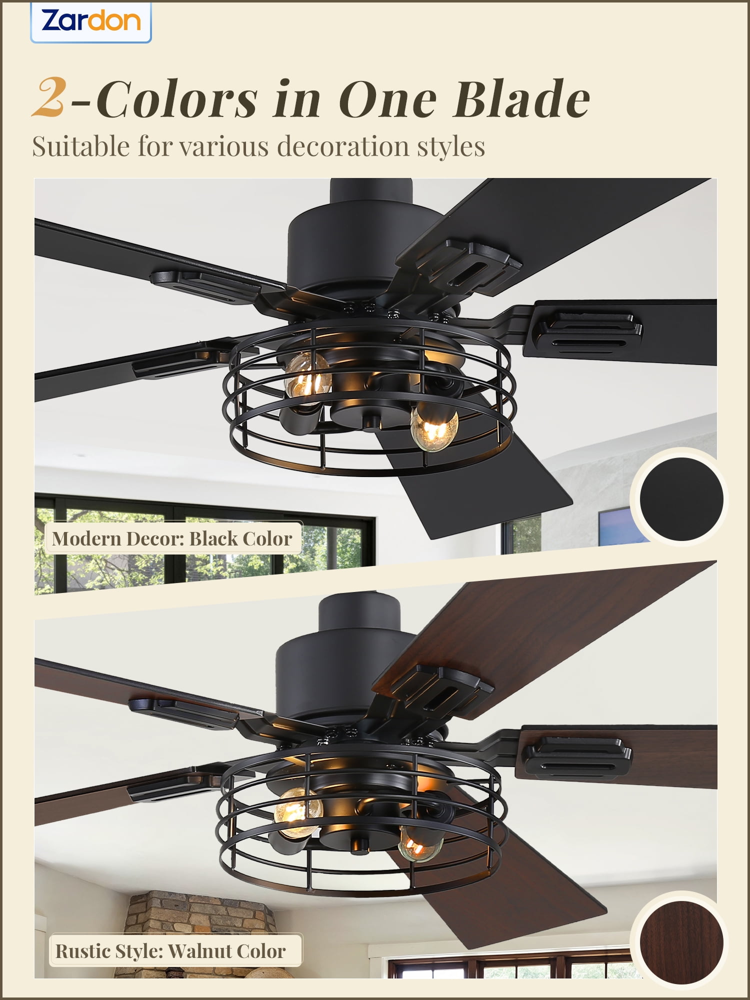 Zardon 42" Black Farmhouse Ceiling Fans with Light and Remote, 2 Pack Industrial Caged Fans with Quiet DC Motor, 6-Speed for Bedroom, Living Room, Indoor