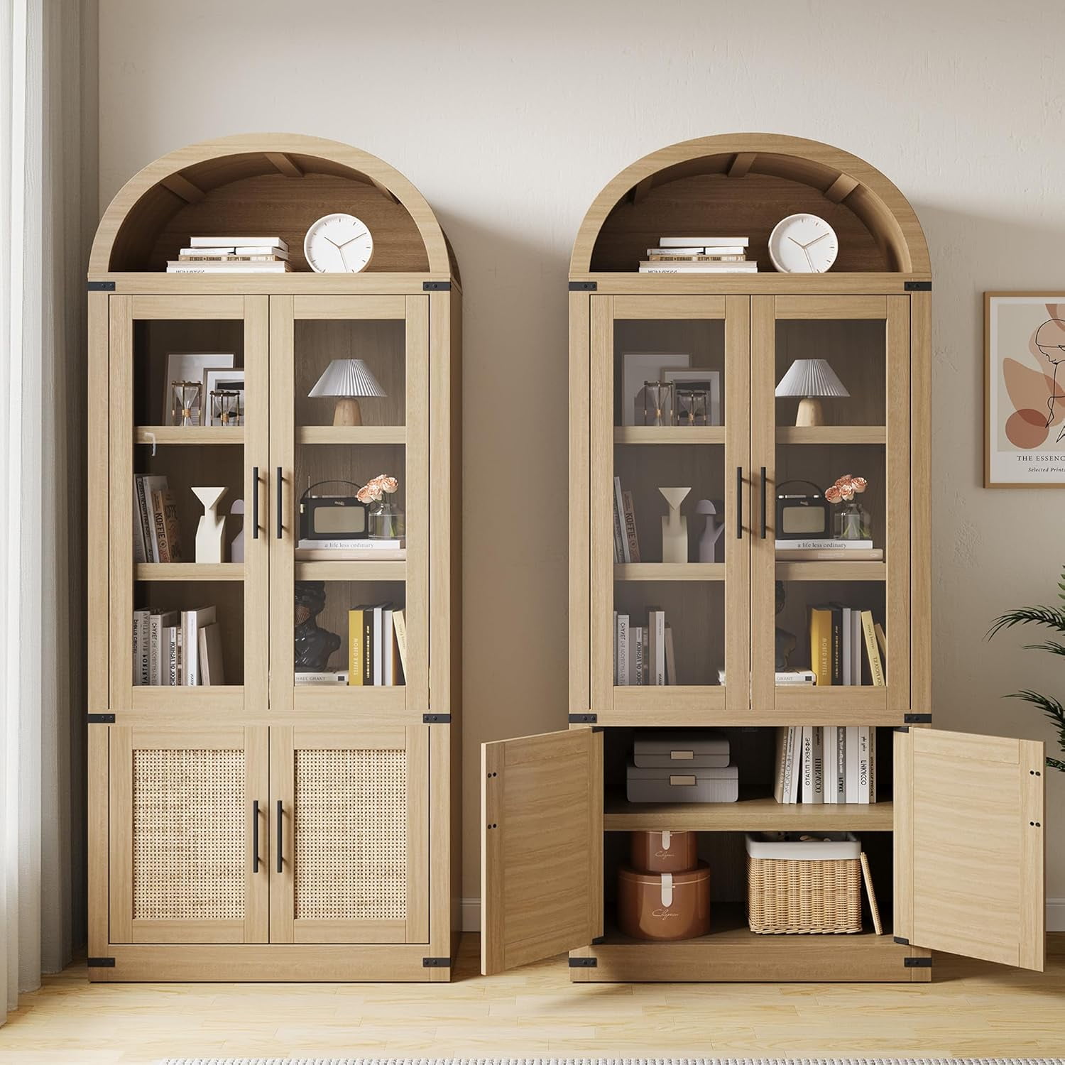 Memoryfield 72" Tall Arched Bookcase with Glass Doors, 6 Tier Display Bookshelf Storage Cabinet, Modern Floor Standing Organizer for Home Office Living Room, Natural