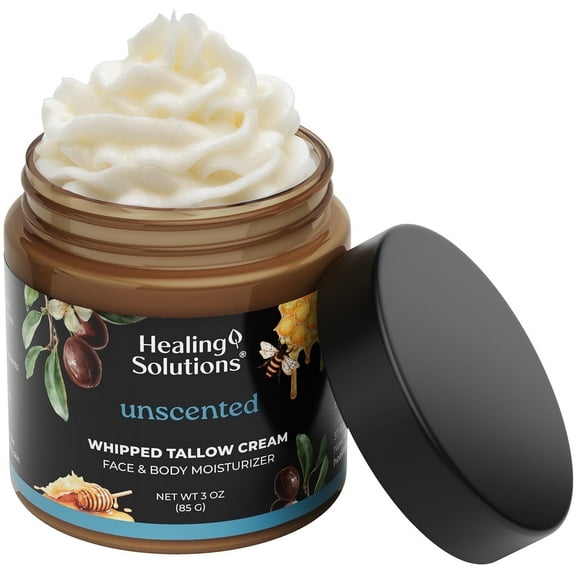Healing Solutions 100% Grass Fed/Grass Finished Daily Use Beef Tallow Moisturizer Cream for Face & Body with Organic Jojoba & Manuka Honey
