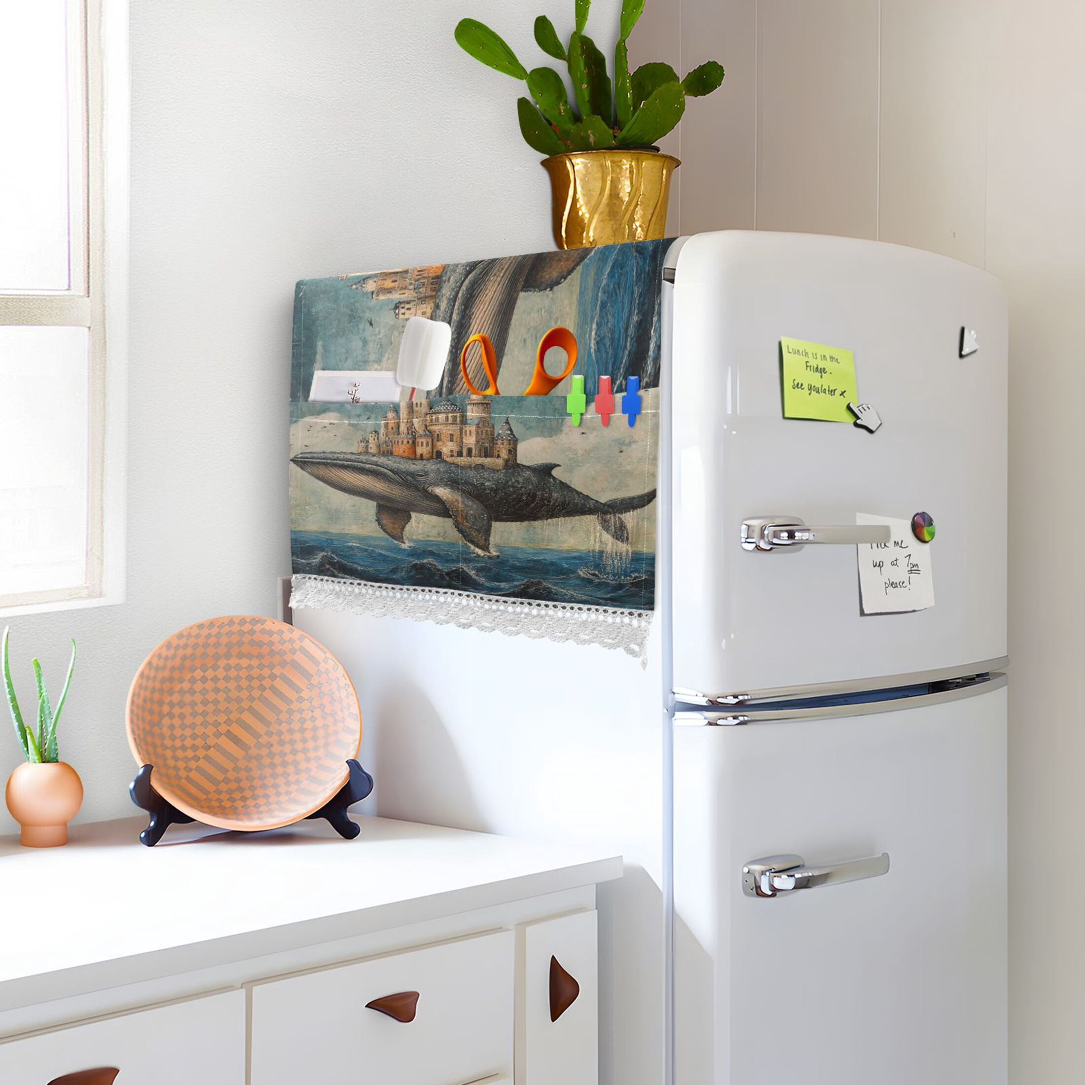 Whale CastleWasher and Dryer Covers Dust-Proof and Oil Resistant Fridge Cover with 4 Storage Pockets Washing Machine Top Cover for Laundry Kitchen Home 51.2 x 22 In