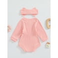 thumbnail image 5 of Musuos Baby Girl Fall Outfit, 3 6 9 12 18 Months Solid Color Round Neck Long Sleeve Ribbed Romper Bow Headband 2 Piece Set, 5 of 9