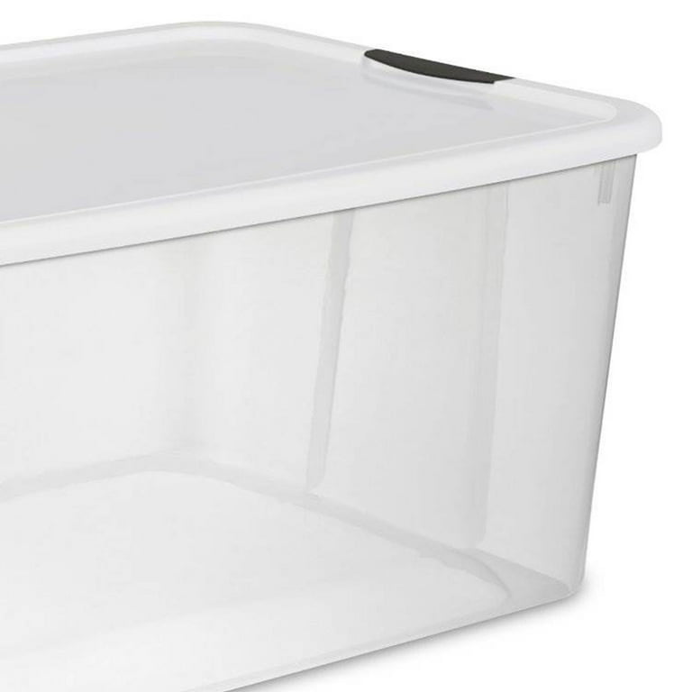 Sterilite 70 Qt Ultra Latch Box, Stackable Storage Bin with Latching Lid,  Organize Clothes, Sport Gear in Basement, Clear with White Lid, 16-Pack