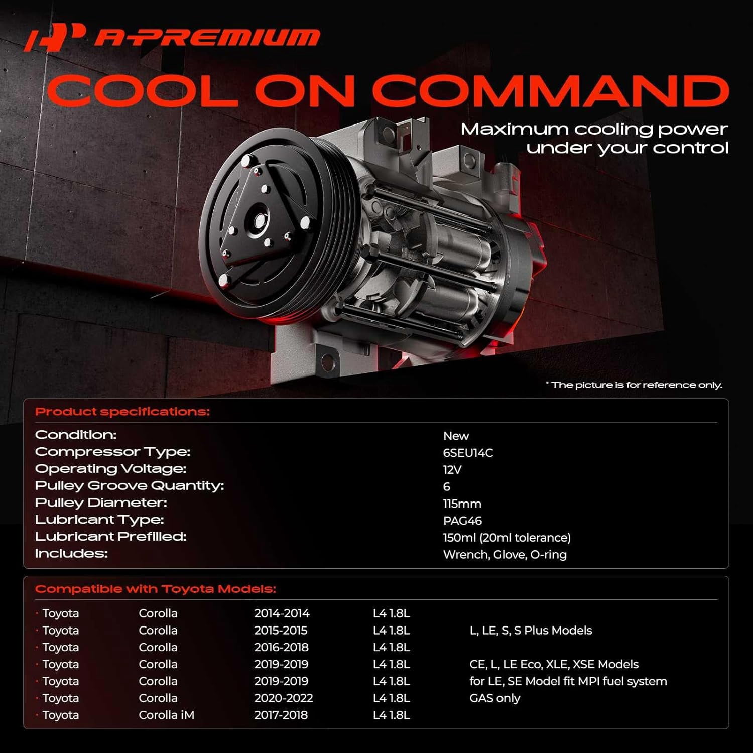 A-Premium Air Conditioner AC Compressor with Clutch Compatible with Toyota Corolla 1.8L 2014-2022, Corolla iM 1.8L 2017-2018