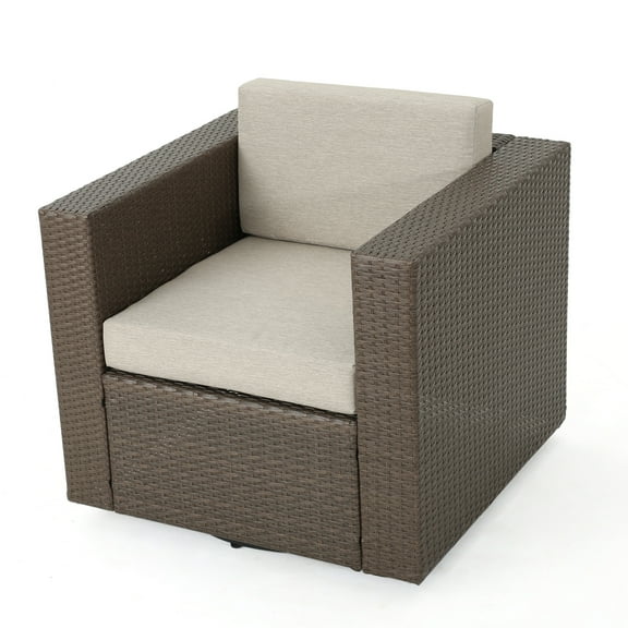 Cascada Outdoor Wicker Swivel Club Chair with Water Resistant Cushions, Light Brown, Ceramic Grey