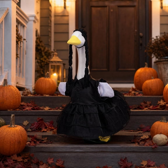 23” Porch Goose Outfit with Braided Wig and Layered Tulle Dress Set for Halloween Front Porch Fall Decor