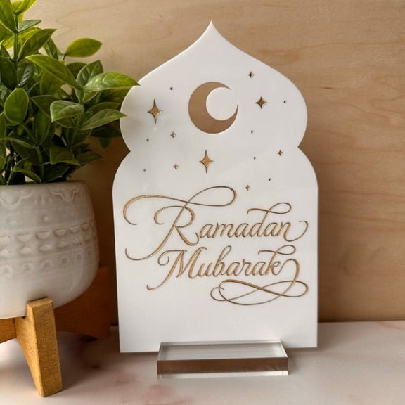 Reversible Ramadan & Eid Mubarak Sign – Arabic & English Text – Moon Decor for Ramadan & Eid