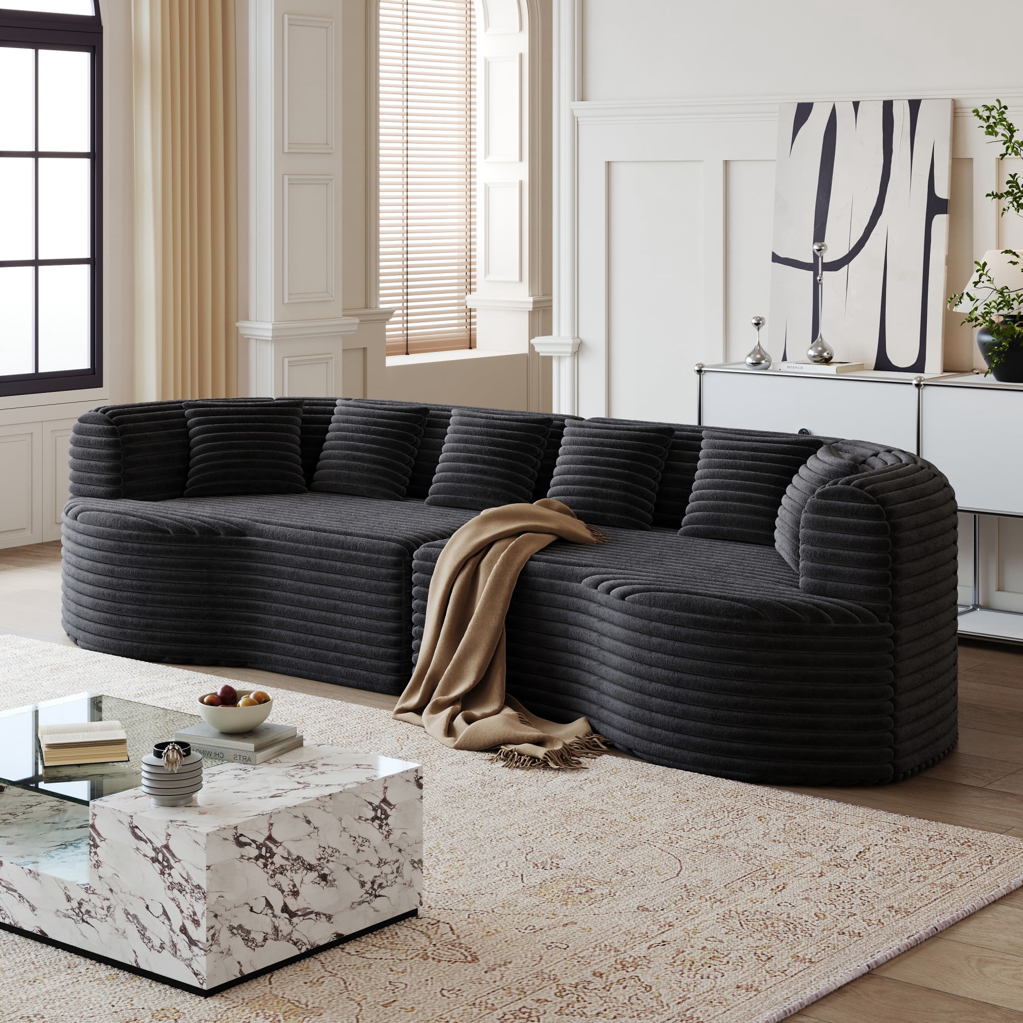 106" Oversized Sectional Sofa,Modern Corduroy Memory Foam Sofa Cloud Sofa with Deep Seat for Living Room,Black