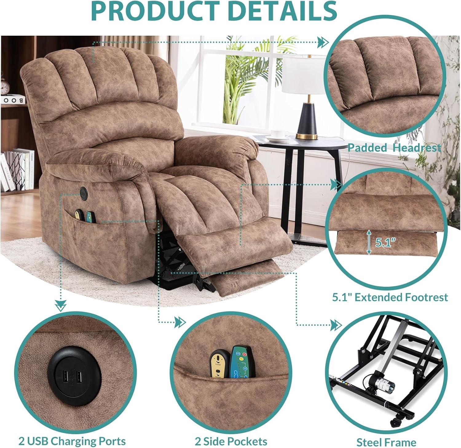 MEETWARM Power Lift Recliner for Seniors, Massage & Heated, USB Ports, Plush-Brown