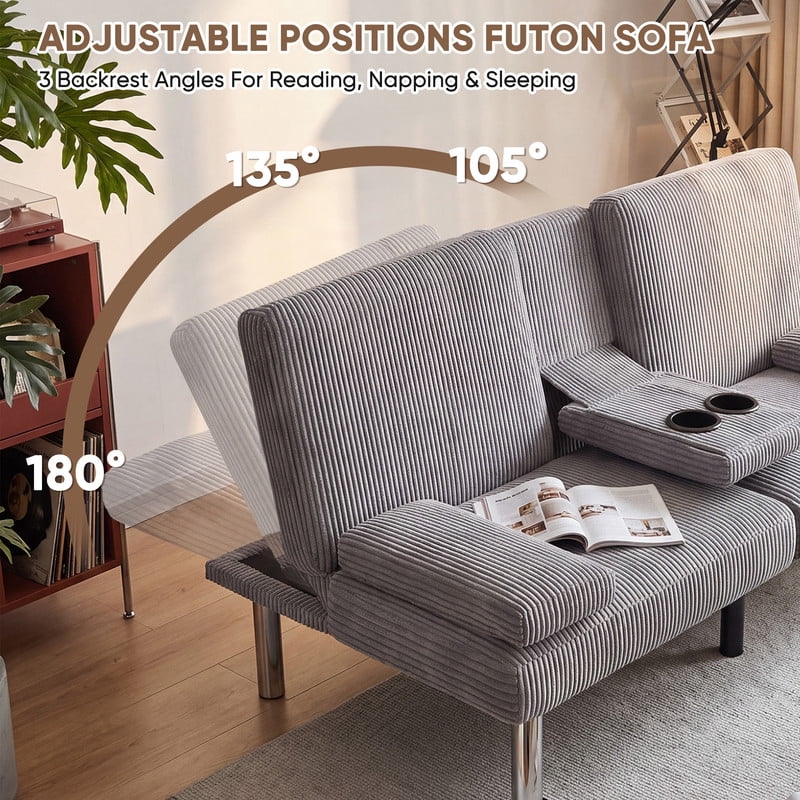 Lacoo Futon Sofa Bed, Corduroy Convertible Couch Sleeper Sofa, Cup Holders, Small Spaces, Gray