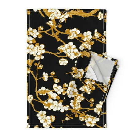

Printed Tea Towel Linen Cotton Canvas - Black White Flowers Floral Nature Branches Gold Print Decorative Kitchen Towel by Spoonflower