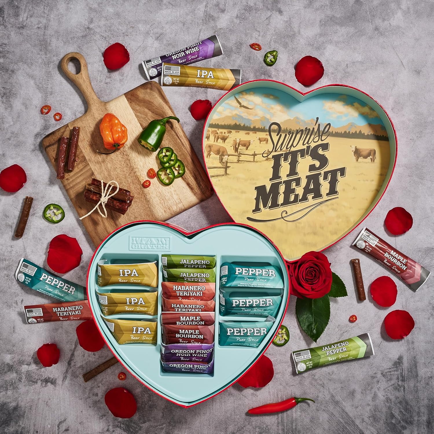 Man Crates Jerky Heart, Beef Sticks Snack Pack with Flavors Like Habanero and Maple Bourbon for Father's Day Gifts