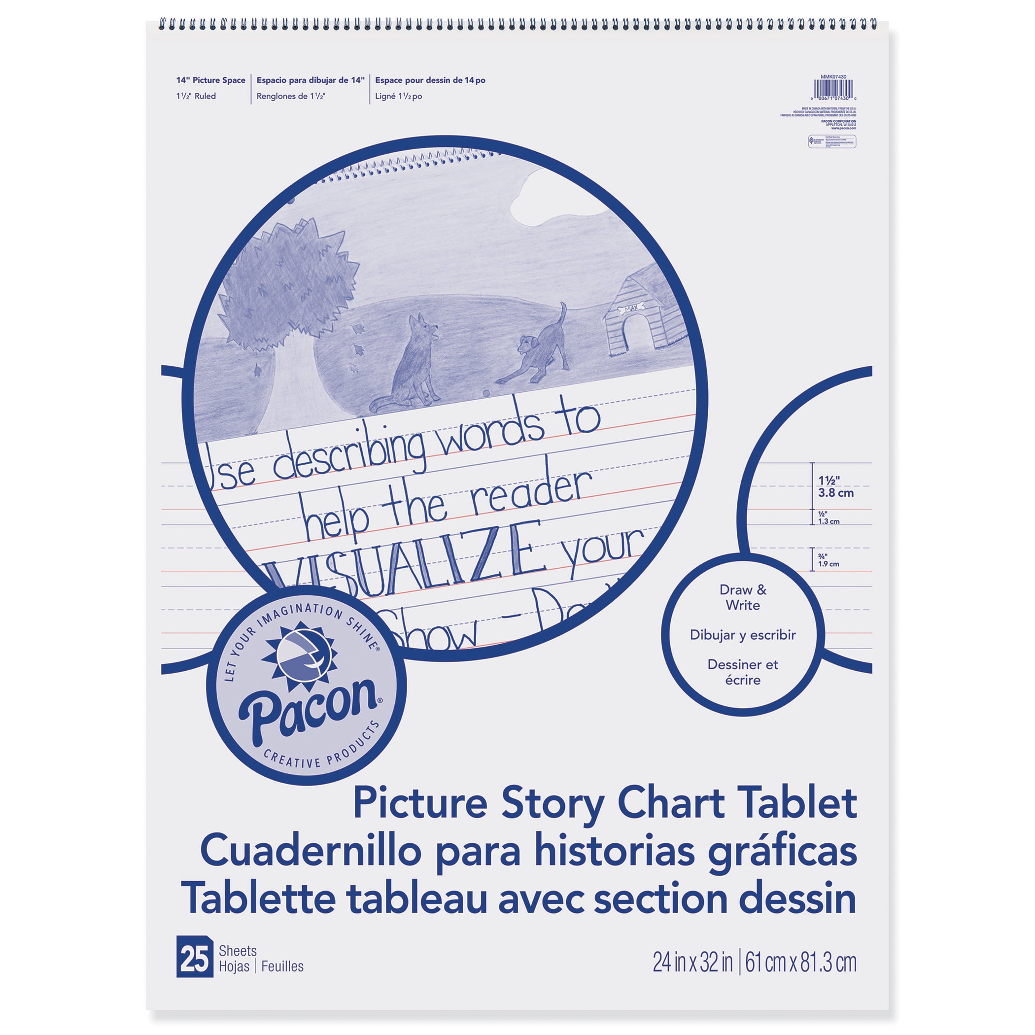 Pacon Picture Story Chart Tablet, White, Ruled Short, 1-1/2" Ruled, 24" x 32", 25 Sheets, Pack of 2
