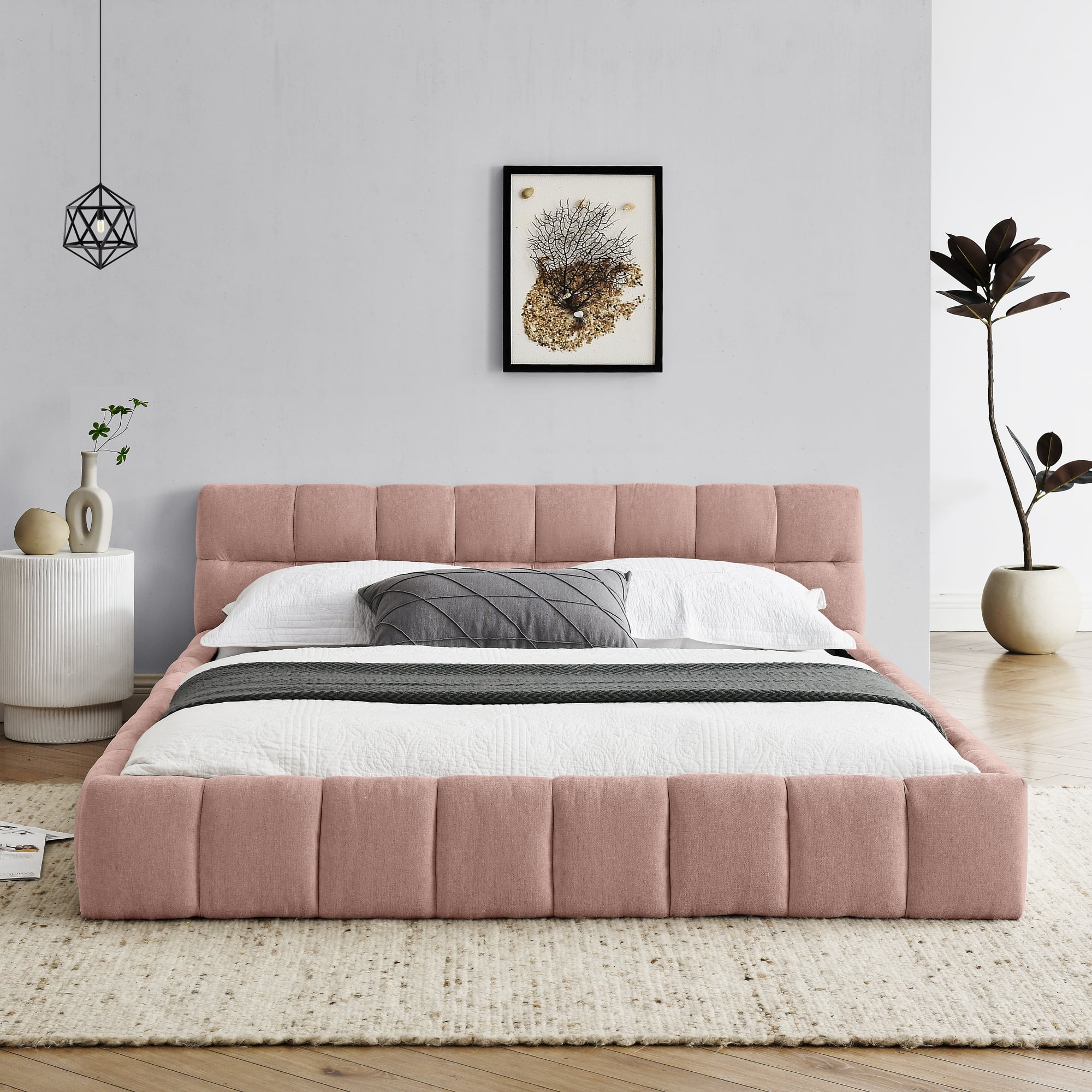 GAKMCIL Modern Queen Size Bed Frame, Chenille Fabric Grounded Queen Size Low Platform Bed with Headboard and Thick Fabric, Easy Assembly, No Box Spring Needed (Pink， 68''*86.5''*23.5'')
