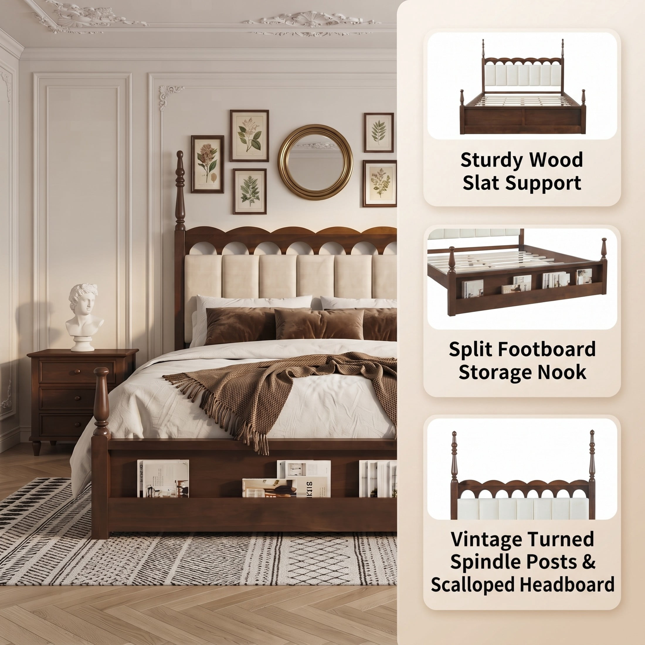 Christopher Knight Home Queen Wood Bed Frame with Scalloped Tufted Chenille Headboard, Brown+Beige