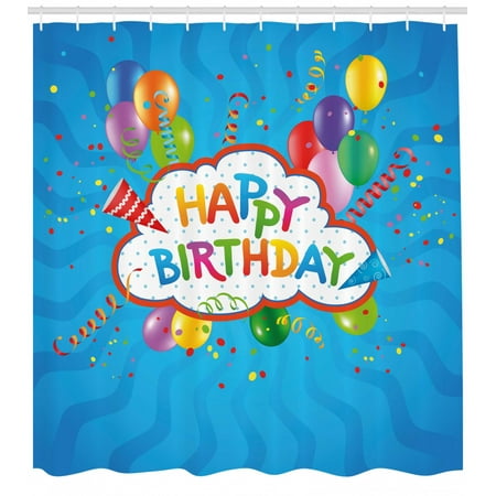 Birthday Decorations Shower Curtain, Wavy Blue Backdrop with Greeting Text Party Hats Confetti Best Wishes, Fabric Bathroom Set with Hooks, 69W X 70L Inches, Multicolor, by